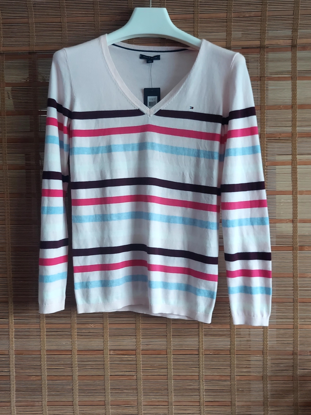 Tommy Hilfiger Women's V-Neck Striped Sweater - Light Pink Multi